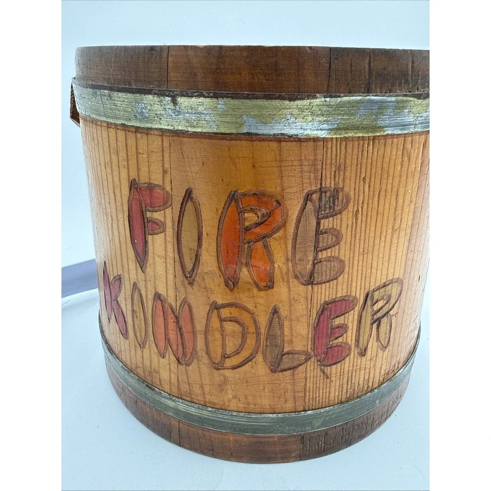 Vintage Handmade Wooden Fire Kindler Bucket Rustic Cabin Fireplace Decor